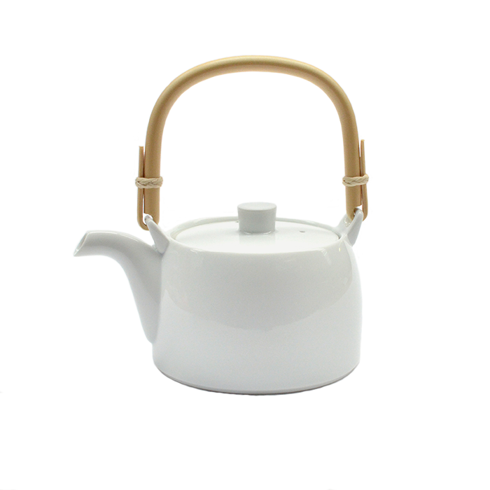 White Teapot with Bamboo Handle